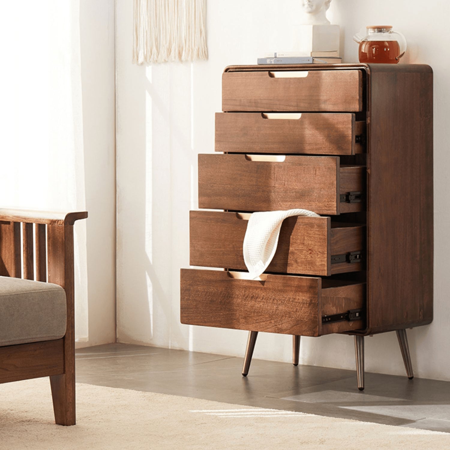 Stylish Brown Tung Wood and Metal Nightstand for Modern Bedrooms hym-487