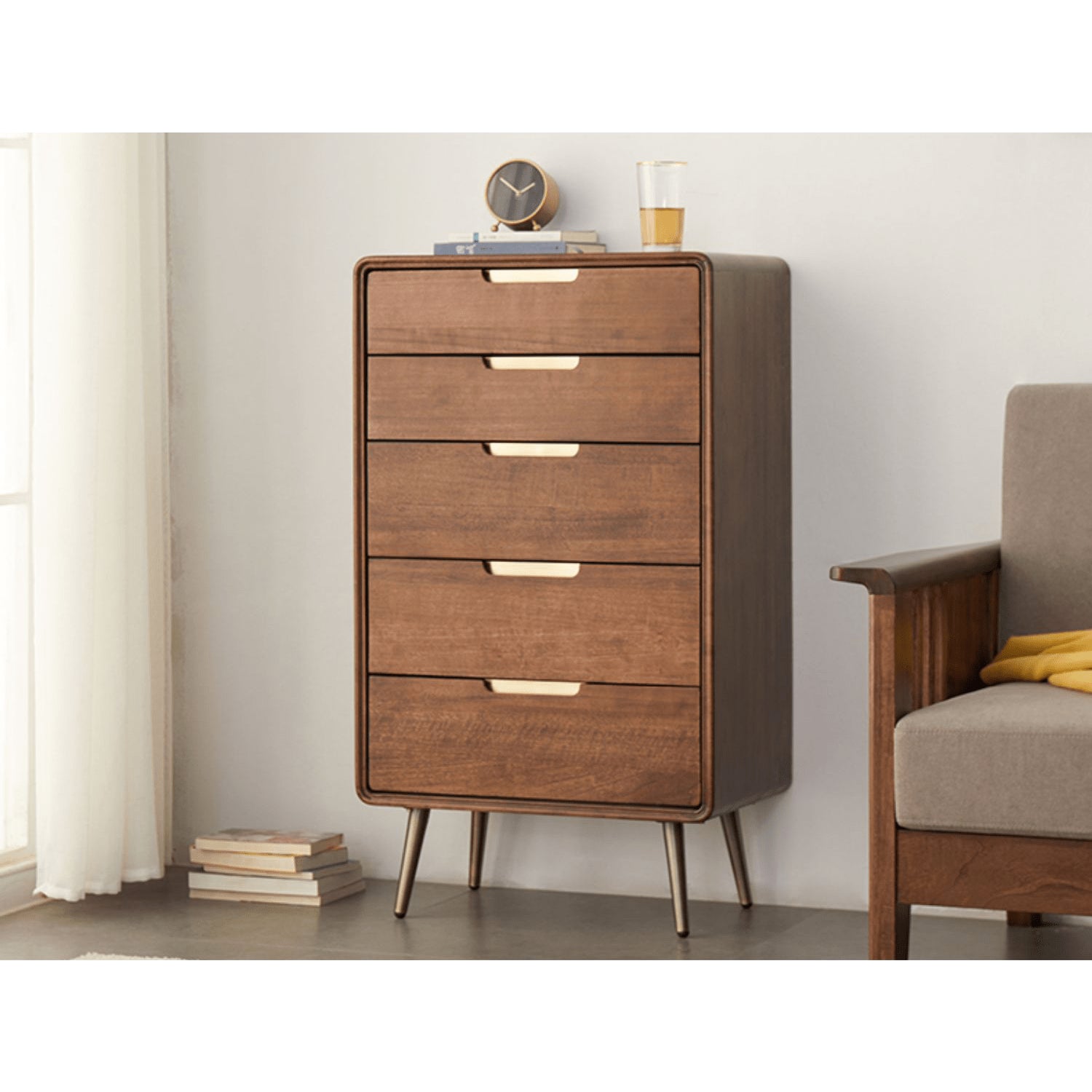 Stylish Brown Tung Wood and Metal Nightstand for Modern Bedrooms hym-487