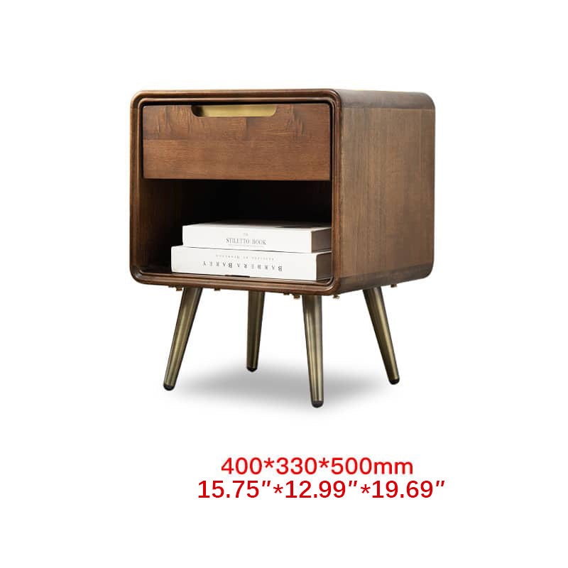 Stylish Brown Tung Wood Nightstand with Durable Metal Accents hym-488