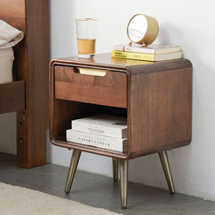 Stylish Brown Tung Wood Nightstand with Durable Metal Accents hym-488