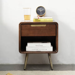 Stylish Brown Tung Wood Nightstand with Durable Metal Accents hym-488