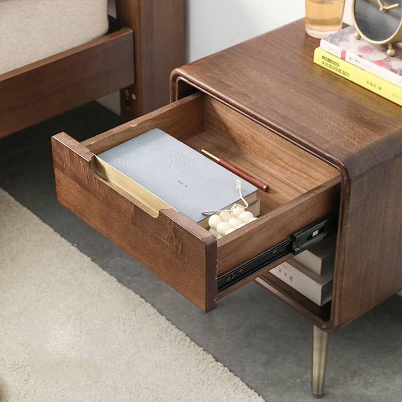 Stylish Brown Tung Wood Nightstand with Durable Metal Accents hym-488