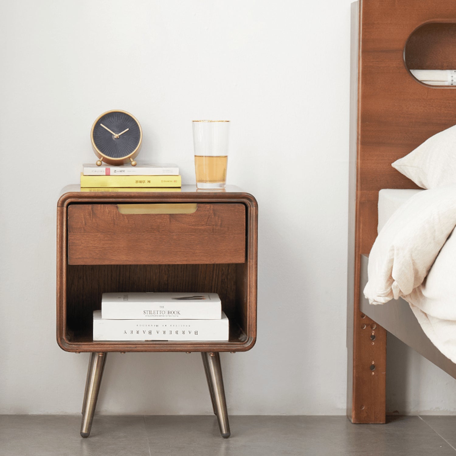 Stylish Brown Tung Wood Nightstand with Durable Metal Accents hym-488