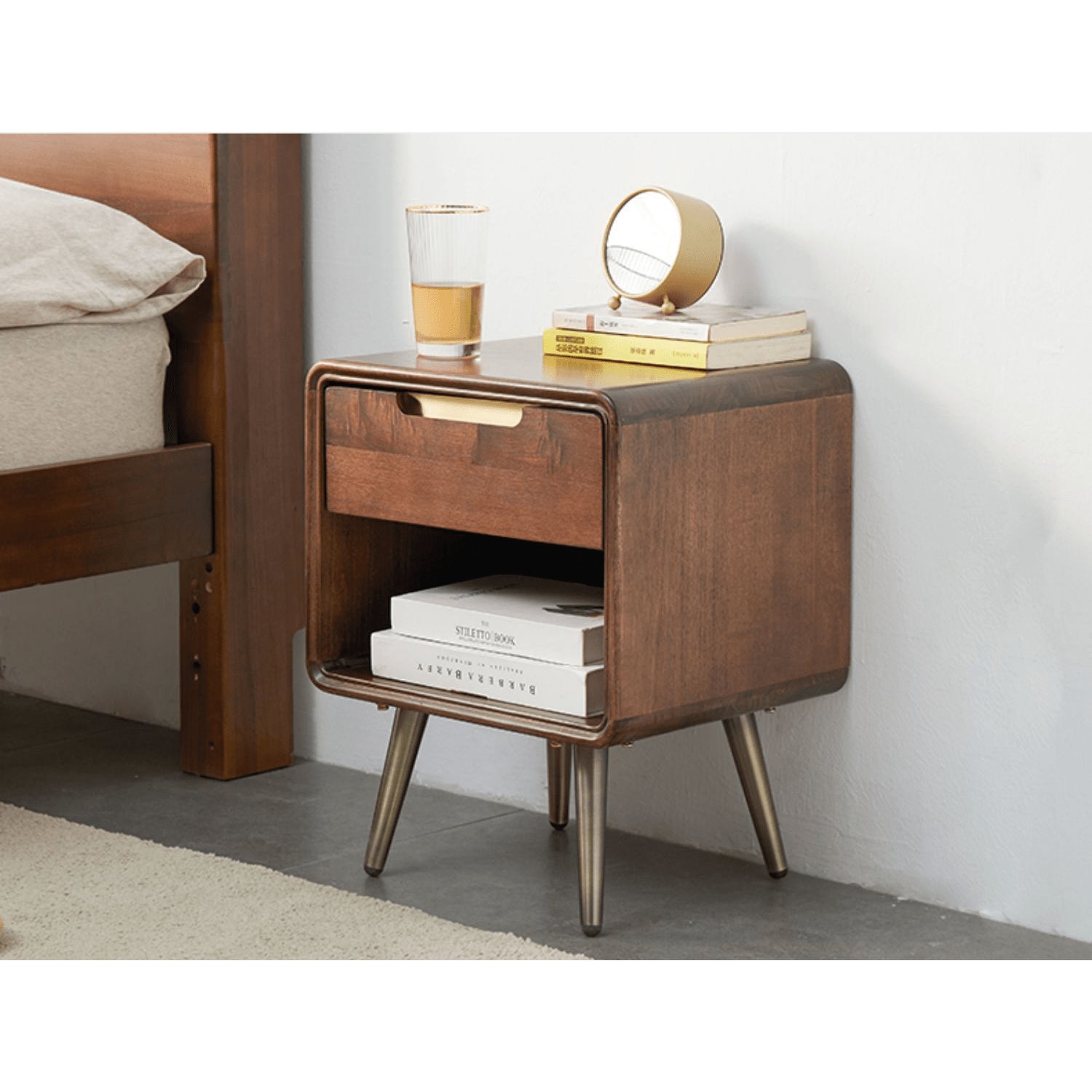 Stylish Brown Tung Wood Nightstand with Durable Metal Accents hym-488