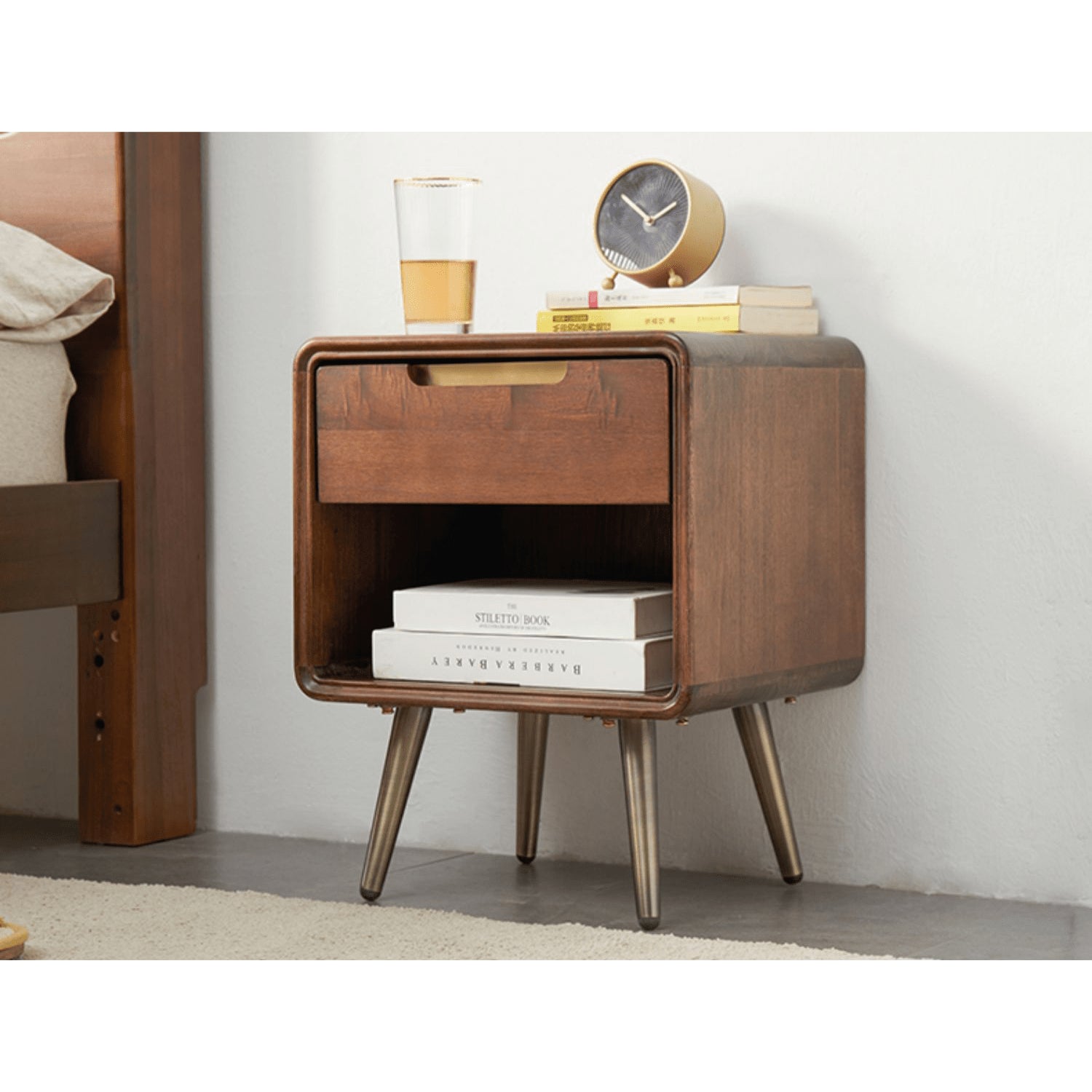 Stylish Brown Tung Wood Nightstand with Durable Metal Accents hym-488