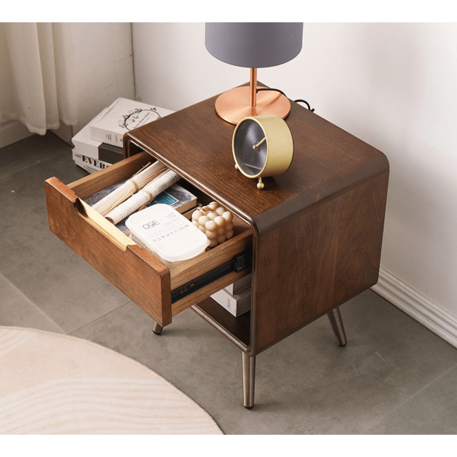 Stylish Brown Tung Wood Nightstand with Durable Metal Accents hym-488