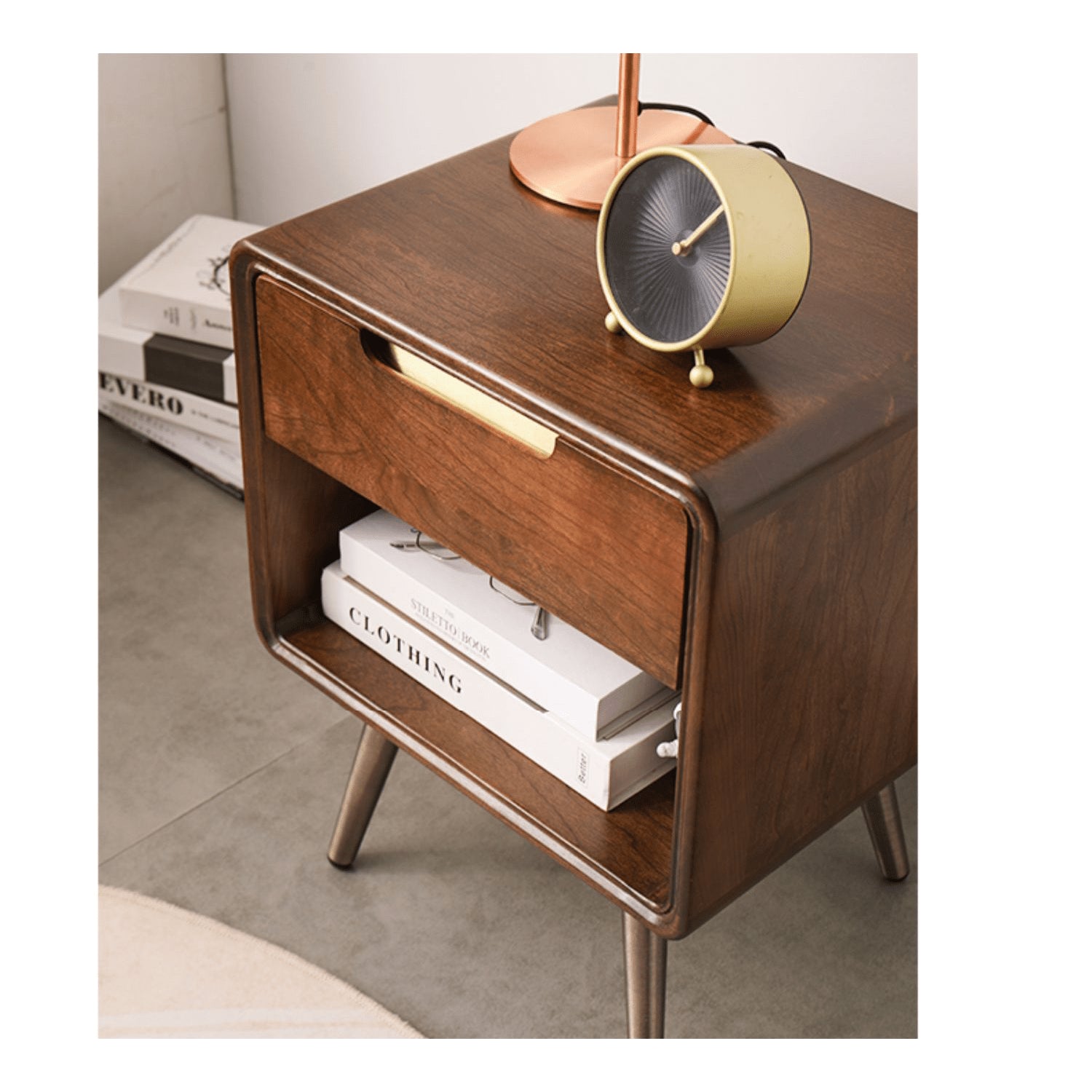 Stylish Brown Tung Wood Nightstand with Durable Metal Accents hym-488