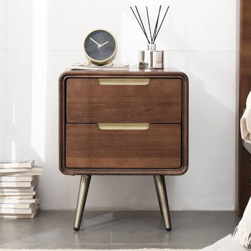 Stylish Nightstand - Brown Tung Wood & Metal Finish hym-489