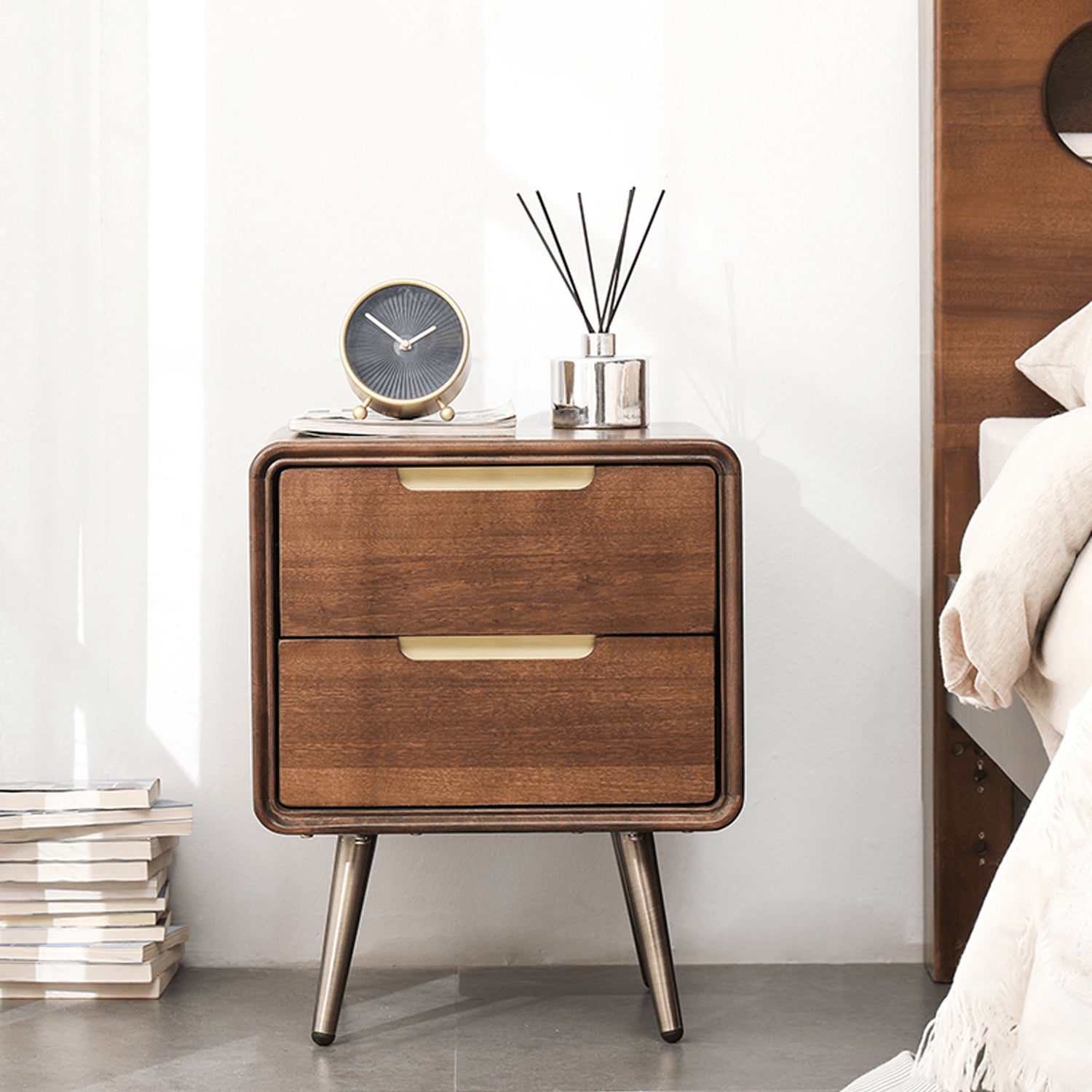 Stylish Nightstand - Brown Tung Wood & Metal Finish hym-489