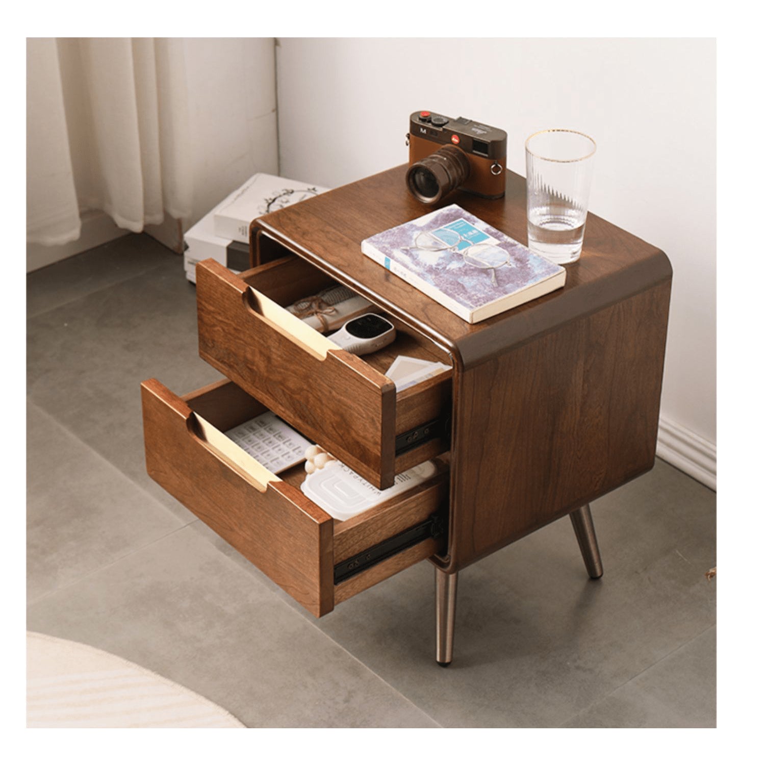 Stylish Nightstand - Brown Tung Wood & Metal Finish hym-489