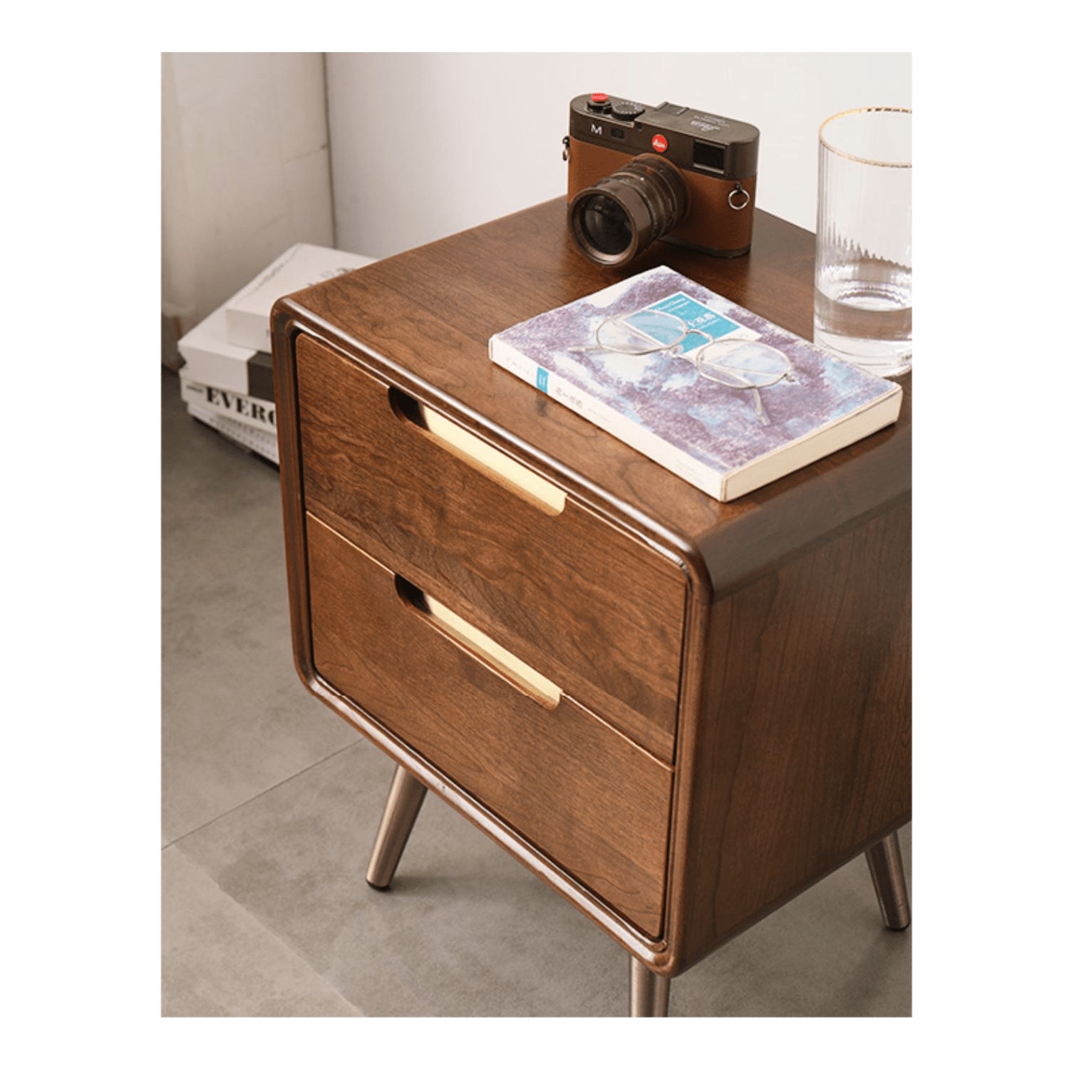 Stylish Nightstand - Brown Tung Wood & Metal Finish hym-489