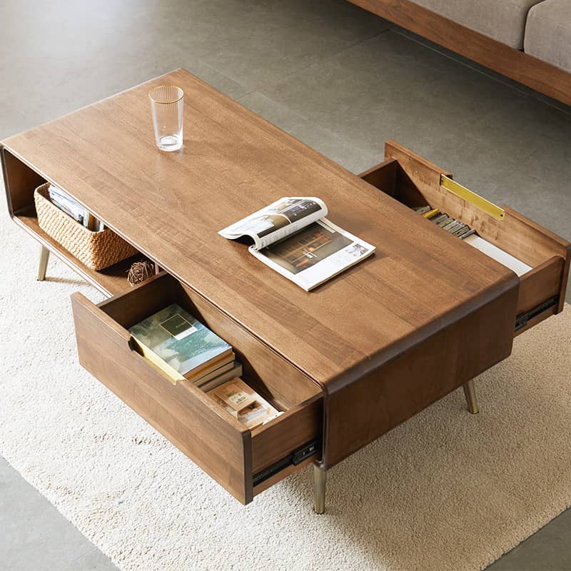 Rectangular Wooden Coffee Table with Drawer Storage and lift-up top - Modern with Metal Legs hym-490