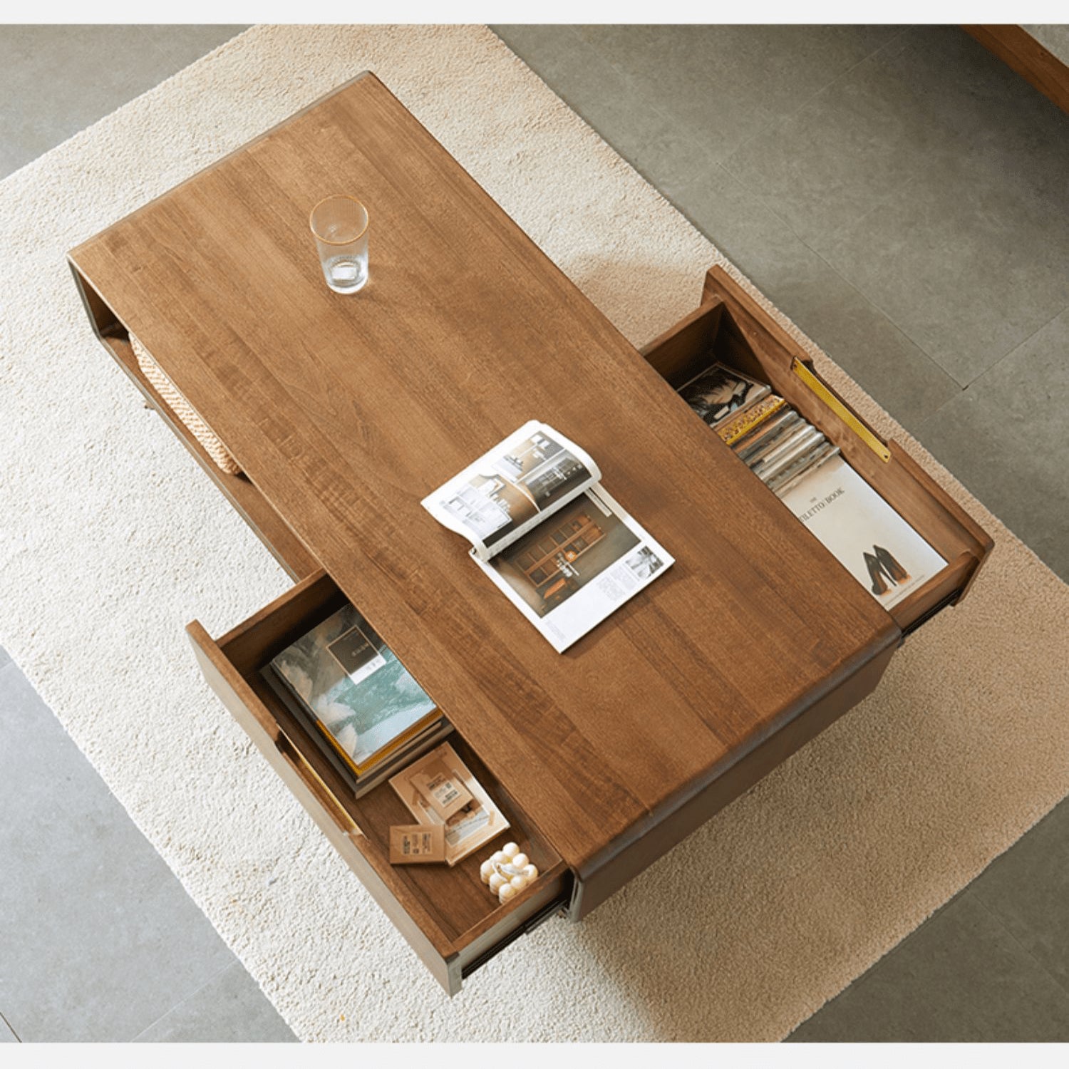 Rectangular Wooden Coffee Table with Drawer Storage and lift-up top - Modern with Metal Legs hym-490