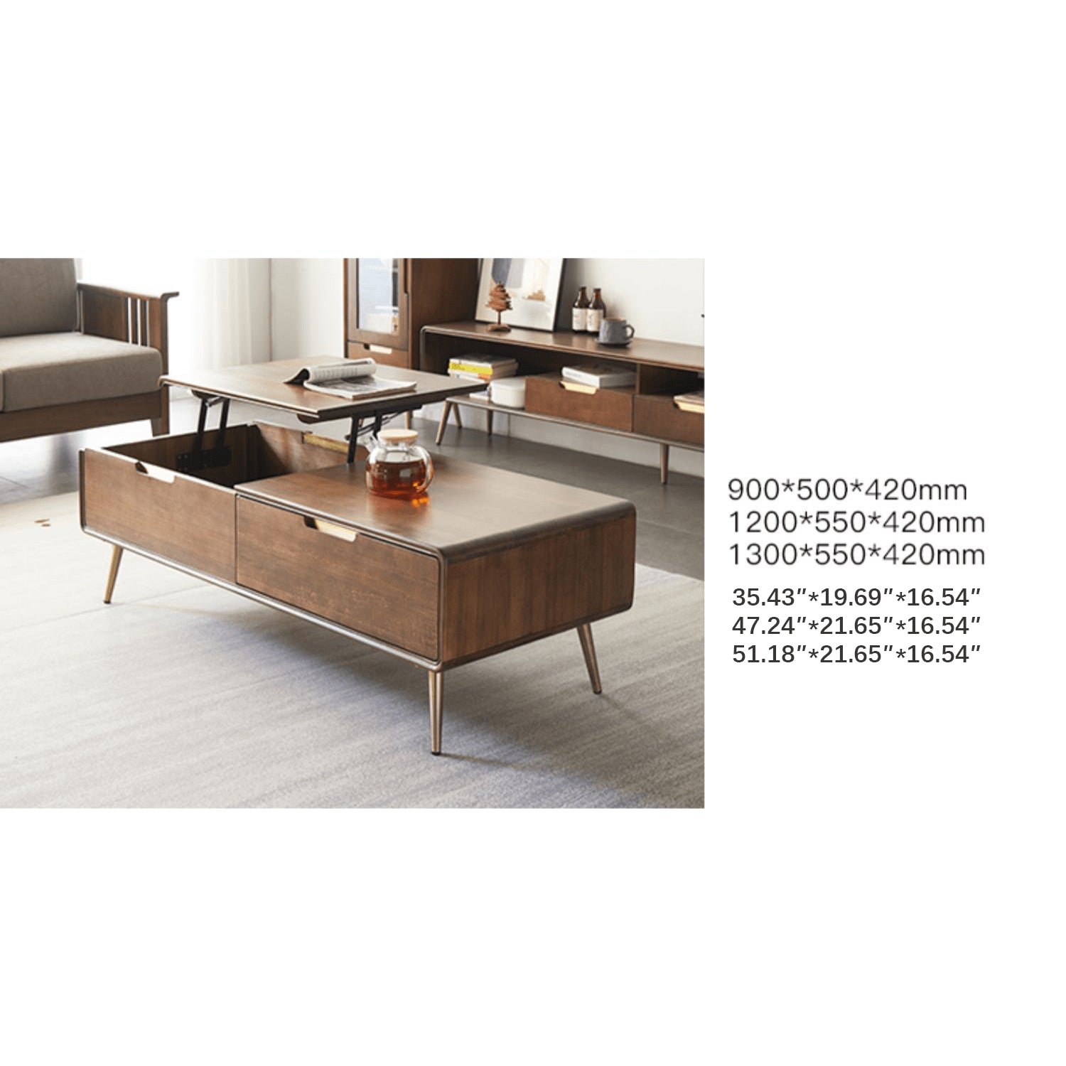 Rectangular Wooden Coffee Table with Drawer Storage and lift-up top - Modern with Metal Legs hym-490