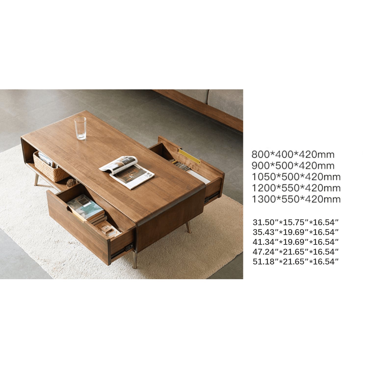 Rectangular Wooden Coffee Table with Drawer Storage and lift-up top - Modern with Metal Legs hym-490