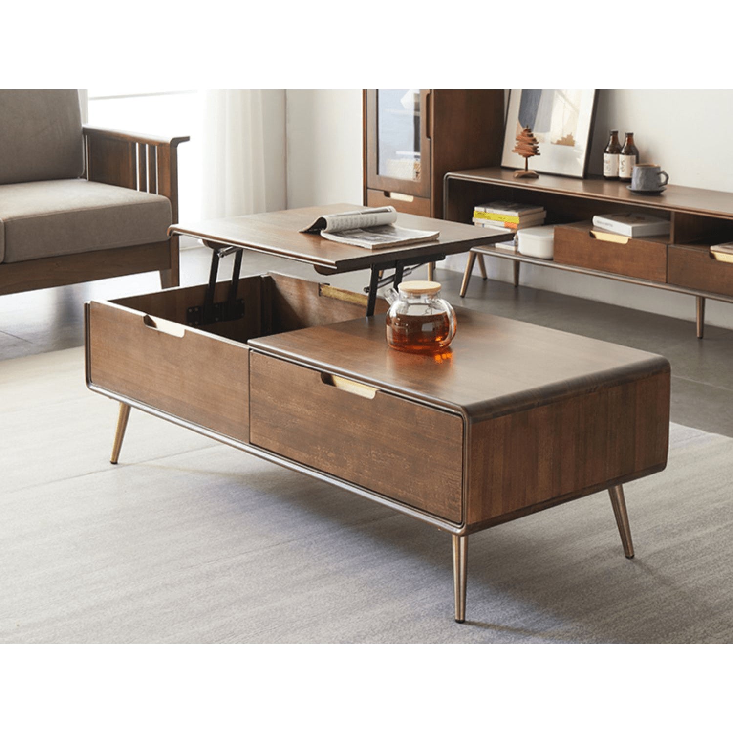 Rectangular Wooden Coffee Table with Drawer Storage and lift-up top - Modern with Metal Legs hym-490