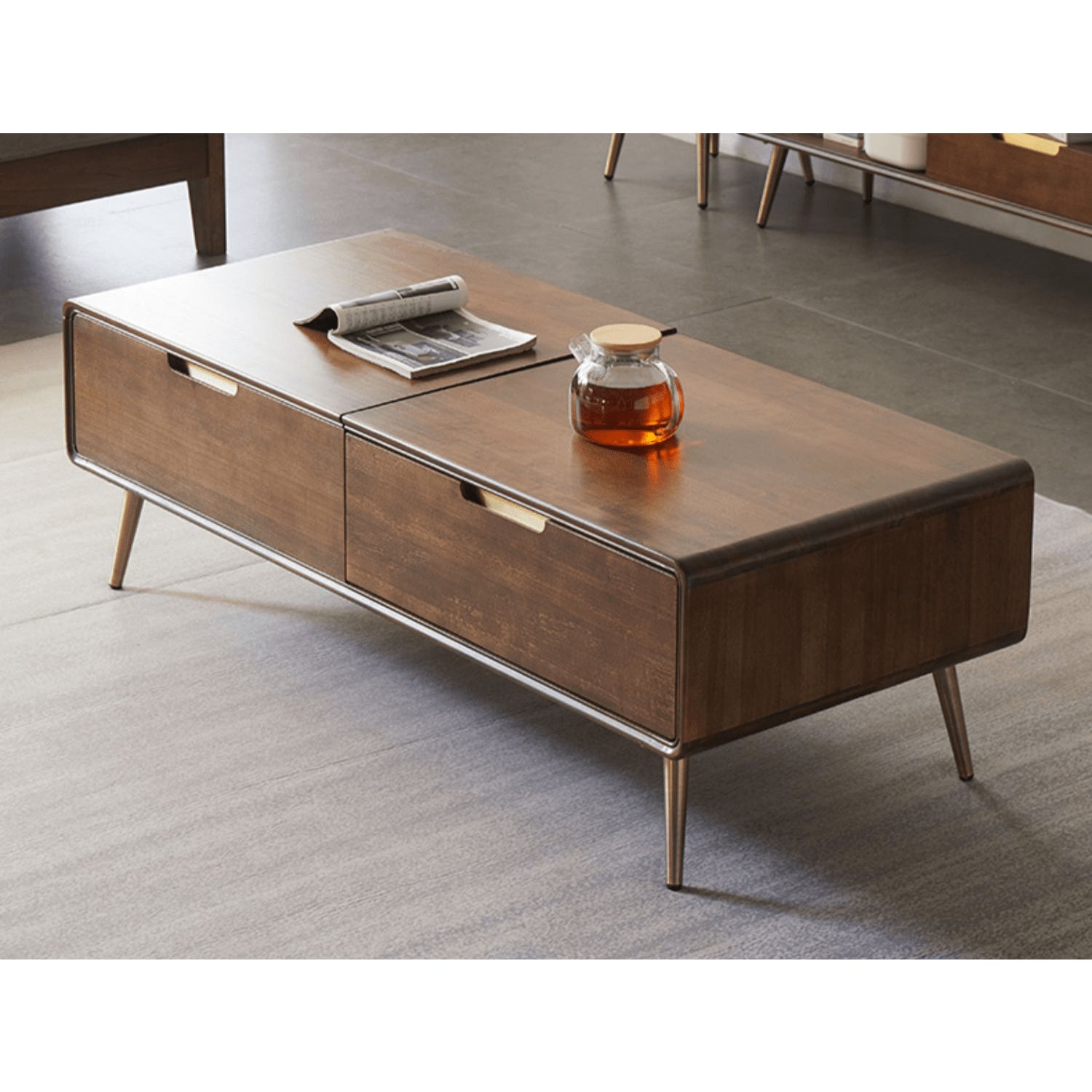 Rectangular Wooden Coffee Table with Drawer Storage and lift-up top - Modern with Metal Legs hym-490