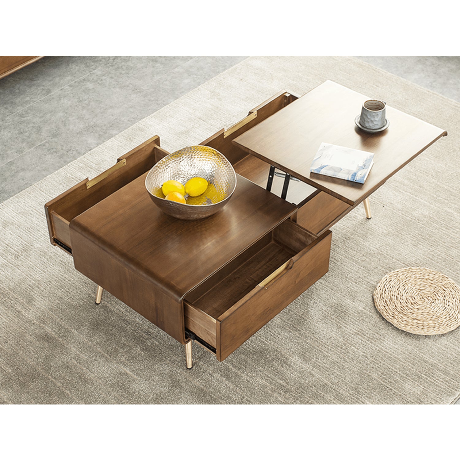 Rectangular Wooden Coffee Table with Drawer Storage and lift-up top - Modern with Metal Legs hym-490