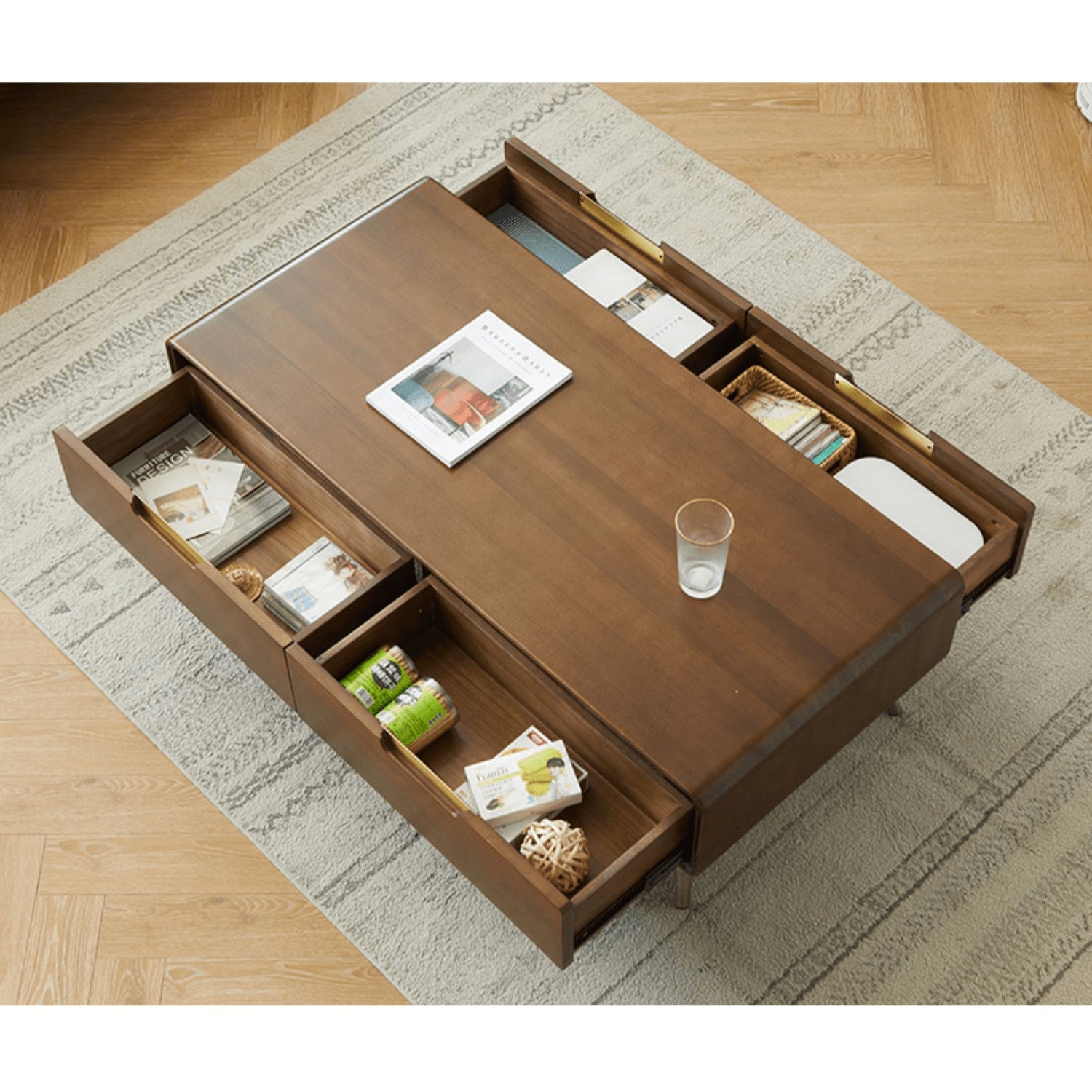 Rectangular Wooden Coffee Table with Drawer Storage and lift-up top - Modern with Metal Legs hym-490