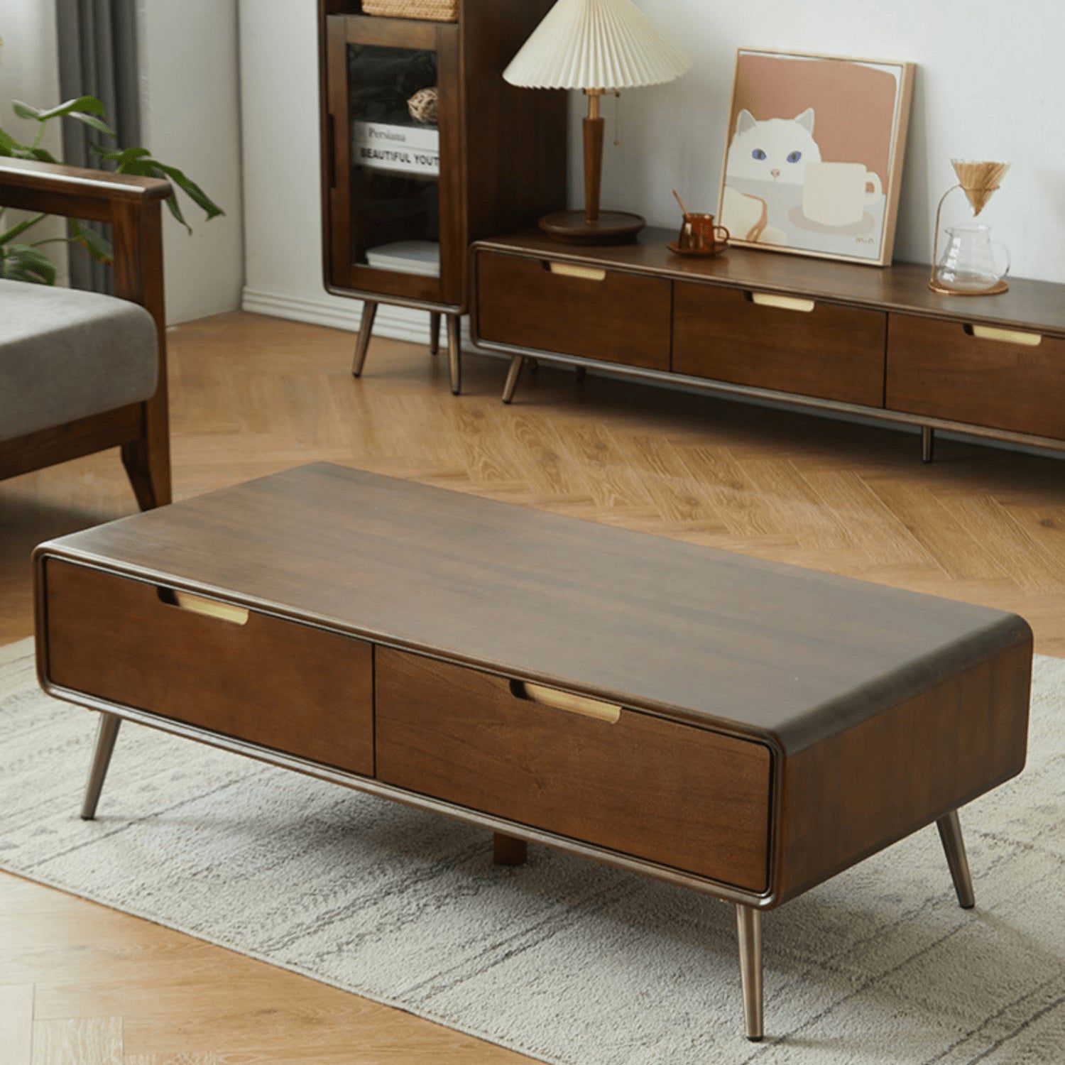 Rectangular Wooden Coffee Table with Drawer Storage and lift-up top - Modern with Metal Legs hym-490