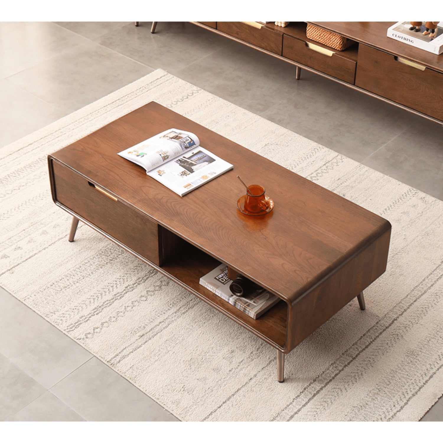 Rectangular Wooden Coffee Table with Drawer Storage and lift-up top - Modern with Metal Legs hym-490