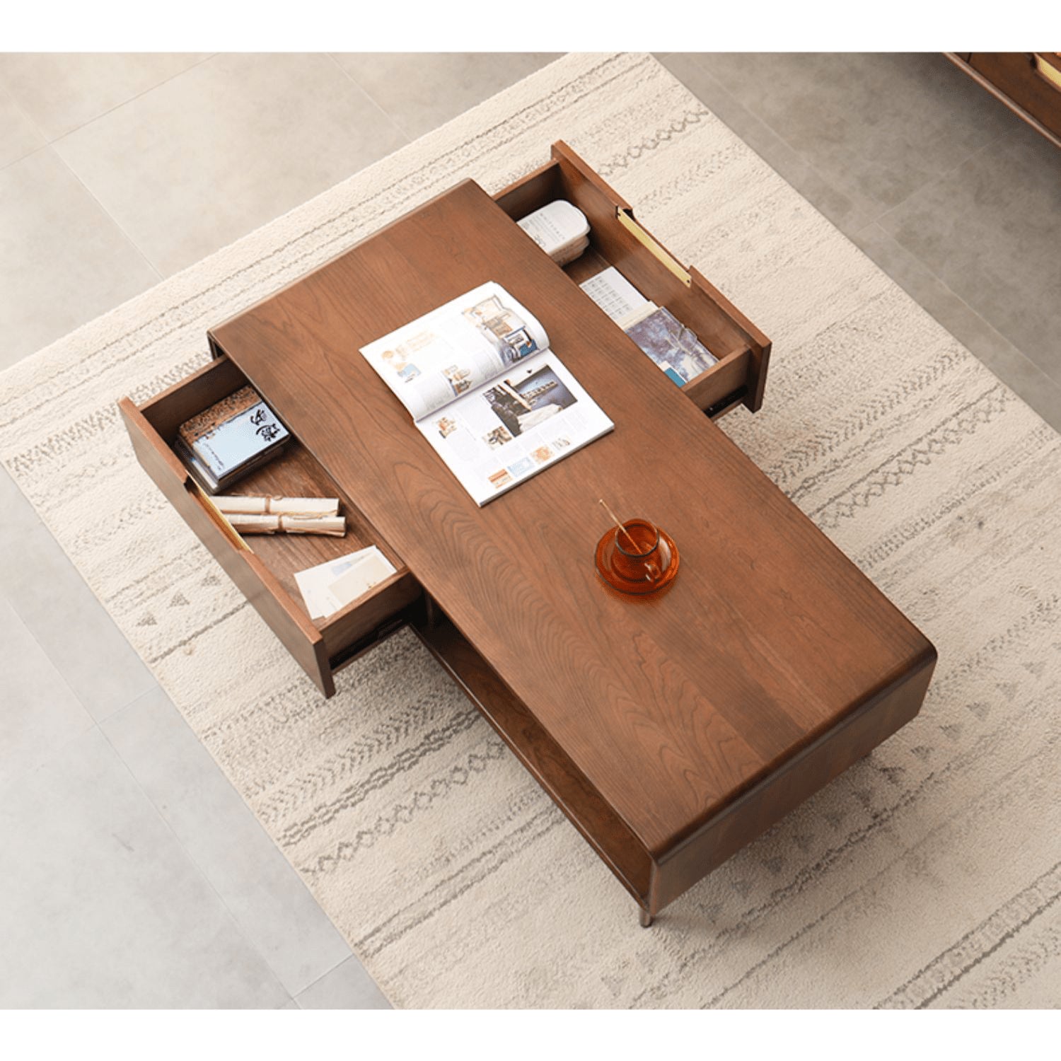 Rectangular Wooden Coffee Table with Drawer Storage and lift-up top - Modern with Metal Legs hym-490