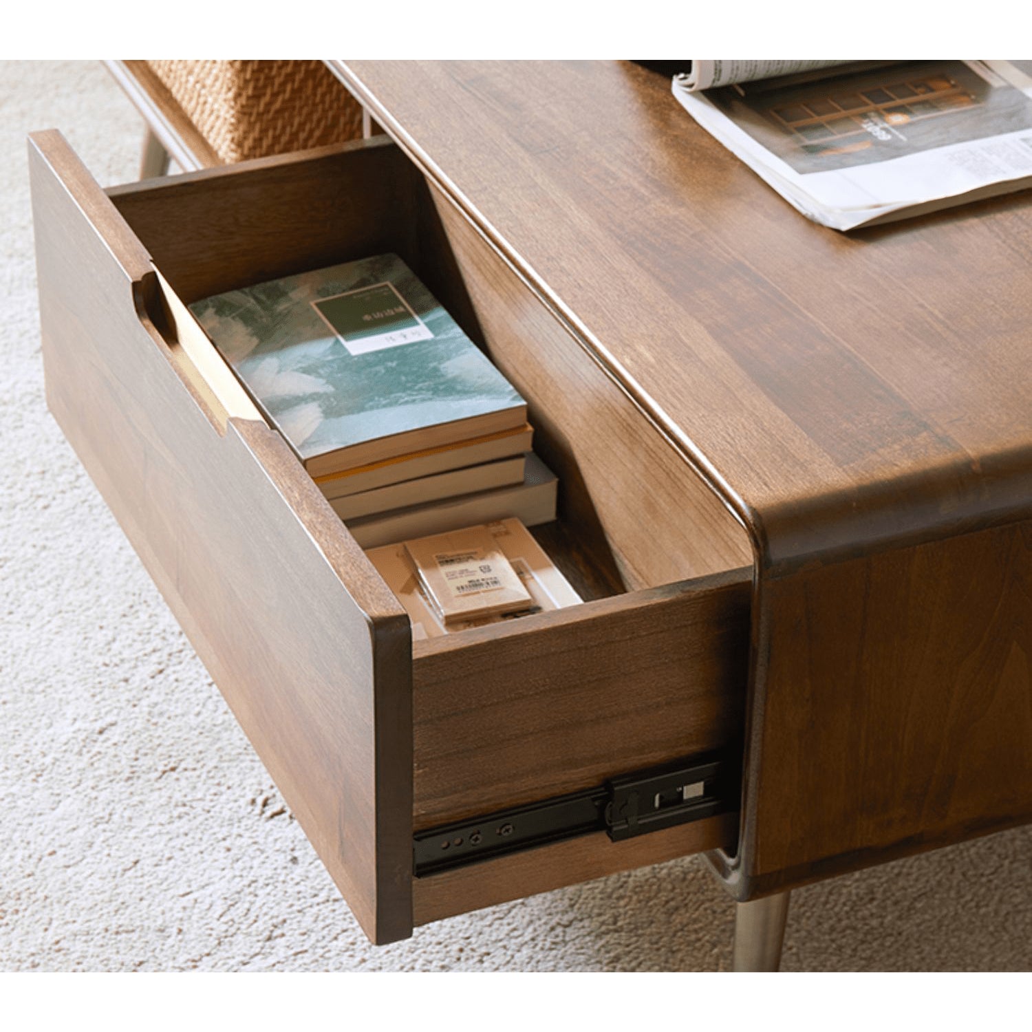 Rectangular Wooden Coffee Table with Drawer Storage and lift-up top - Modern with Metal Legs hym-490