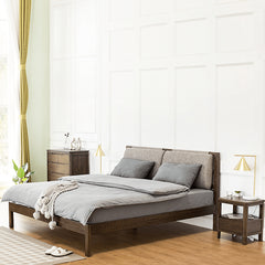 Stylish Bed with Natural Oak, Pine & Cotton-Ramie Upholstery – Elegant Brown, Off White & Gray Finish hym-630