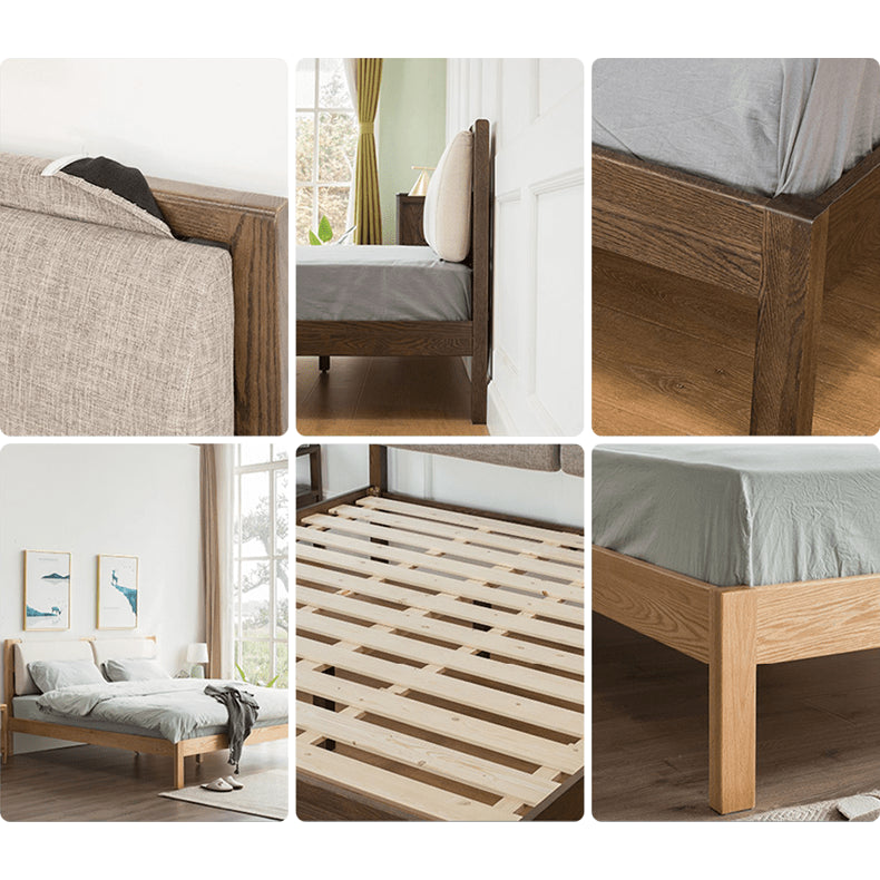 Stylish Bed with Natural Oak, Pine & Cotton-Ramie Upholstery – Elegant Brown, Off White & Gray Finish hym-630