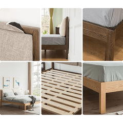 Stylish Bed with Natural Oak, Pine & Cotton-Ramie Upholstery – Elegant Brown, Off White & Gray Finish hym-630