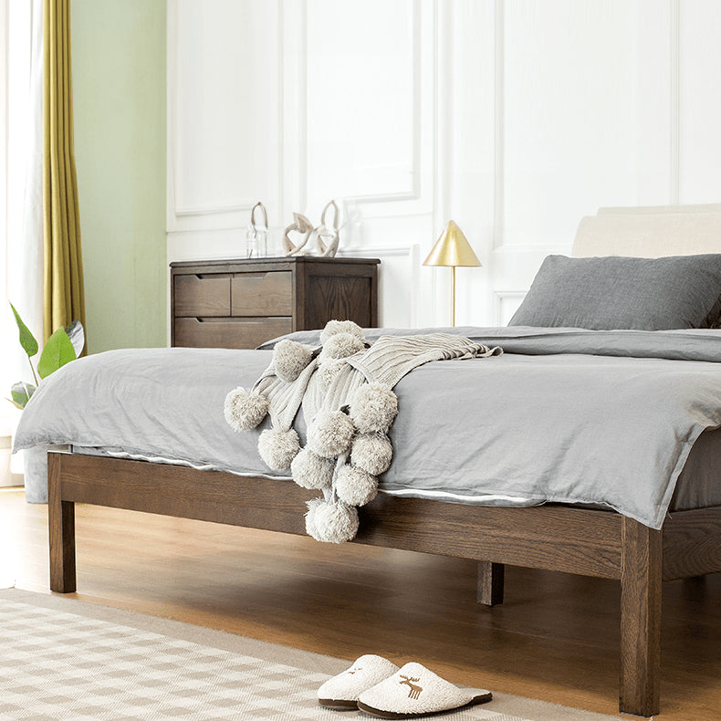 Stylish Bed with Natural Oak, Pine & Cotton-Ramie Upholstery – Elegant Brown, Off White & Gray Finish hym-630