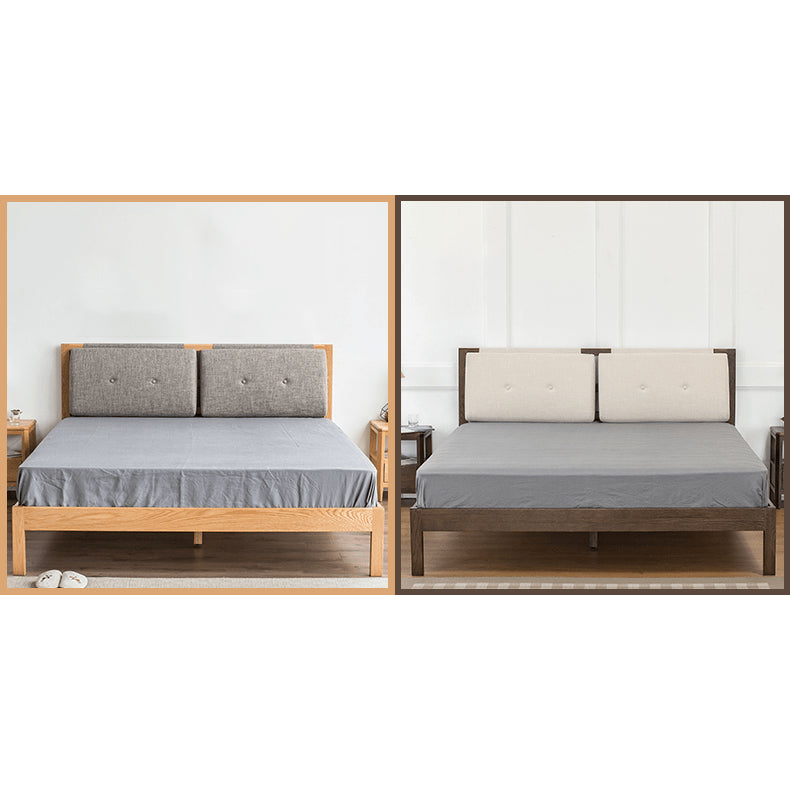 Stylish Bed with Natural Oak, Pine & Cotton-Ramie Upholstery – Elegant Brown, Off White & Gray Finish hym-630