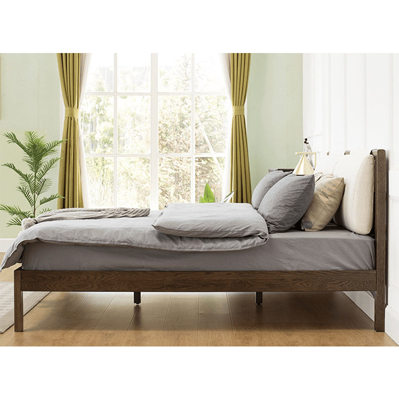 Stylish Bed with Natural Oak, Pine & Cotton-Ramie Upholstery – Elegant Brown, Off White & Gray Finish hym-630