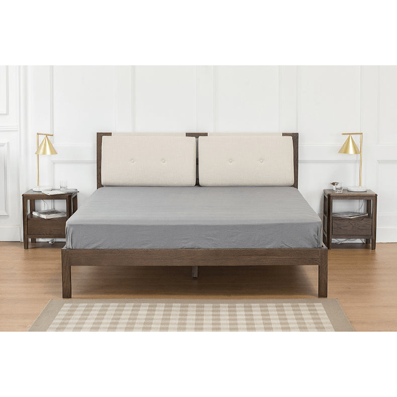 Stylish Bed with Natural Oak, Pine & Cotton-Ramie Upholstery – Elegant Brown, Off White & Gray Finish hym-630