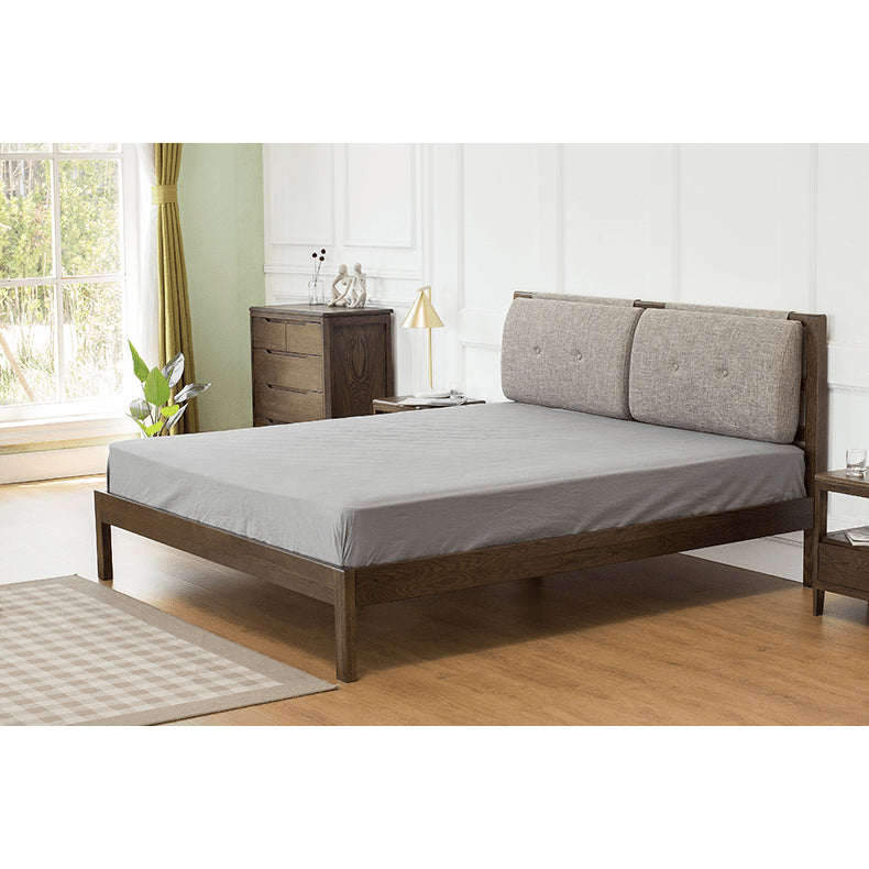 Stylish Bed with Natural Oak, Pine & Cotton-Ramie Upholstery – Elegant Brown, Off White & Gray Finish hym-630