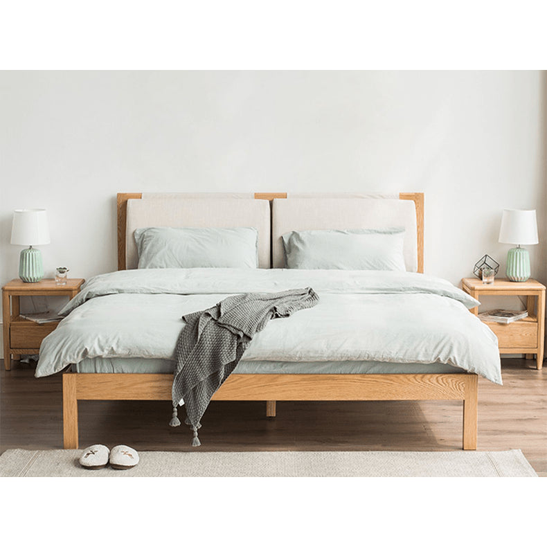 Stylish Bed with Natural Oak, Pine & Cotton-Ramie Upholstery – Elegant Brown, Off White & Gray Finish hym-630