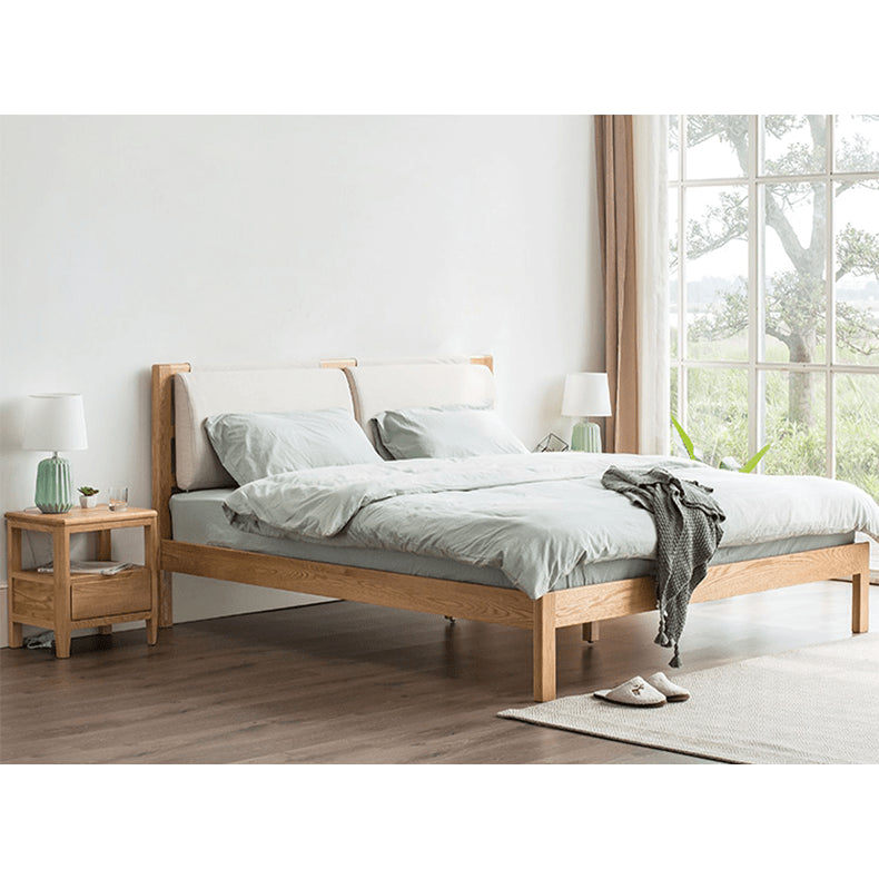 Stylish Bed with Natural Oak, Pine & Cotton-Ramie Upholstery – Elegant Brown, Off White & Gray Finish hym-630