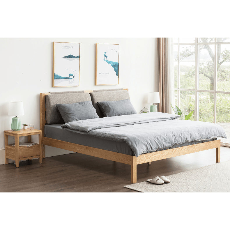 Stylish Bed with Natural Oak, Pine & Cotton-Ramie Upholstery – Elegant Brown, Off White & Gray Finish hym-630