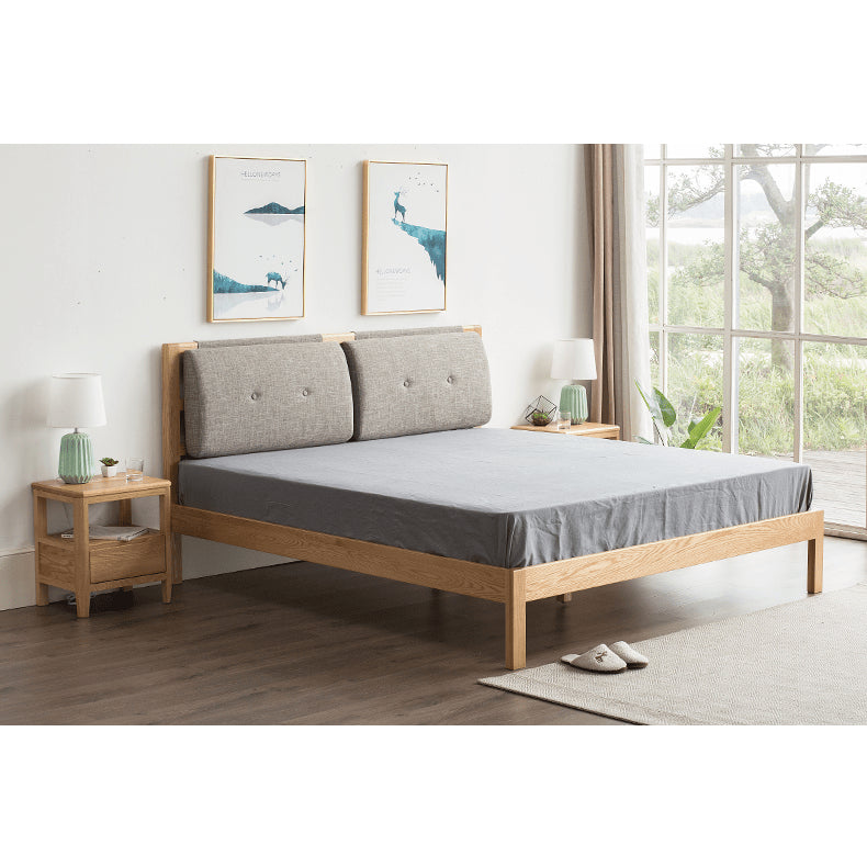 Stylish Bed with Natural Oak, Pine & Cotton-Ramie Upholstery – Elegant Brown, Off White & Gray Finish hym-630