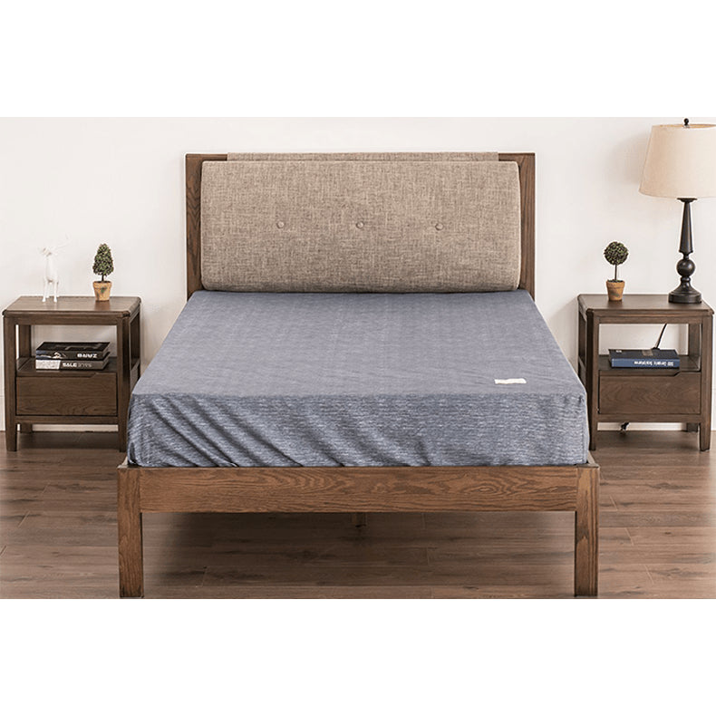 Stylish Bed with Natural Oak, Pine & Cotton-Ramie Upholstery – Elegant Brown, Off White & Gray Finish hym-630