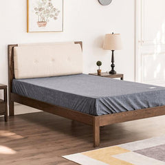 Stylish Bed with Natural Oak, Pine & Cotton-Ramie Upholstery – Elegant Brown, Off White & Gray Finish hym-630