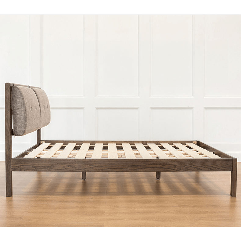 Stylish Bed with Natural Oak, Pine & Cotton-Ramie Upholstery – Elegant Brown, Off White & Gray Finish hym-630