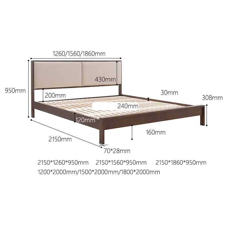 Stylish Bed with Natural Oak, Pine & Cotton-Ramie Upholstery – Elegant Brown, Off White & Gray Finish hym-630