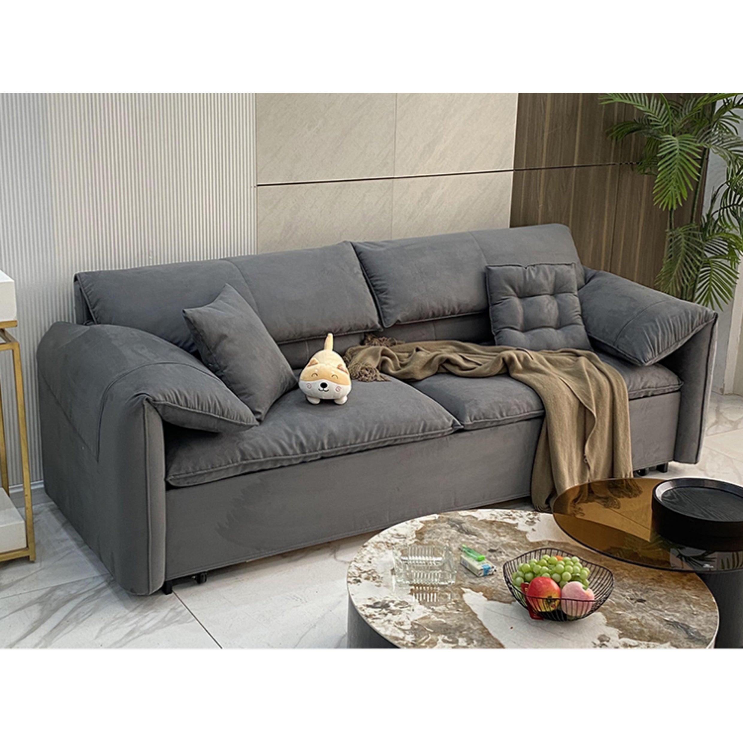 Stylish Solid Wood Sofa with Cotton and Down Cushions in Dark Gray and Beige hyt-1238