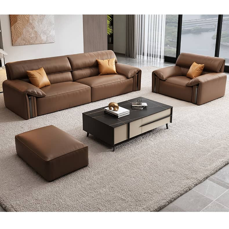 Luxurious Brown Faux Leather Sofa with Pine Wood Frame & Plush Down Cushions for Living Room hzh-1357