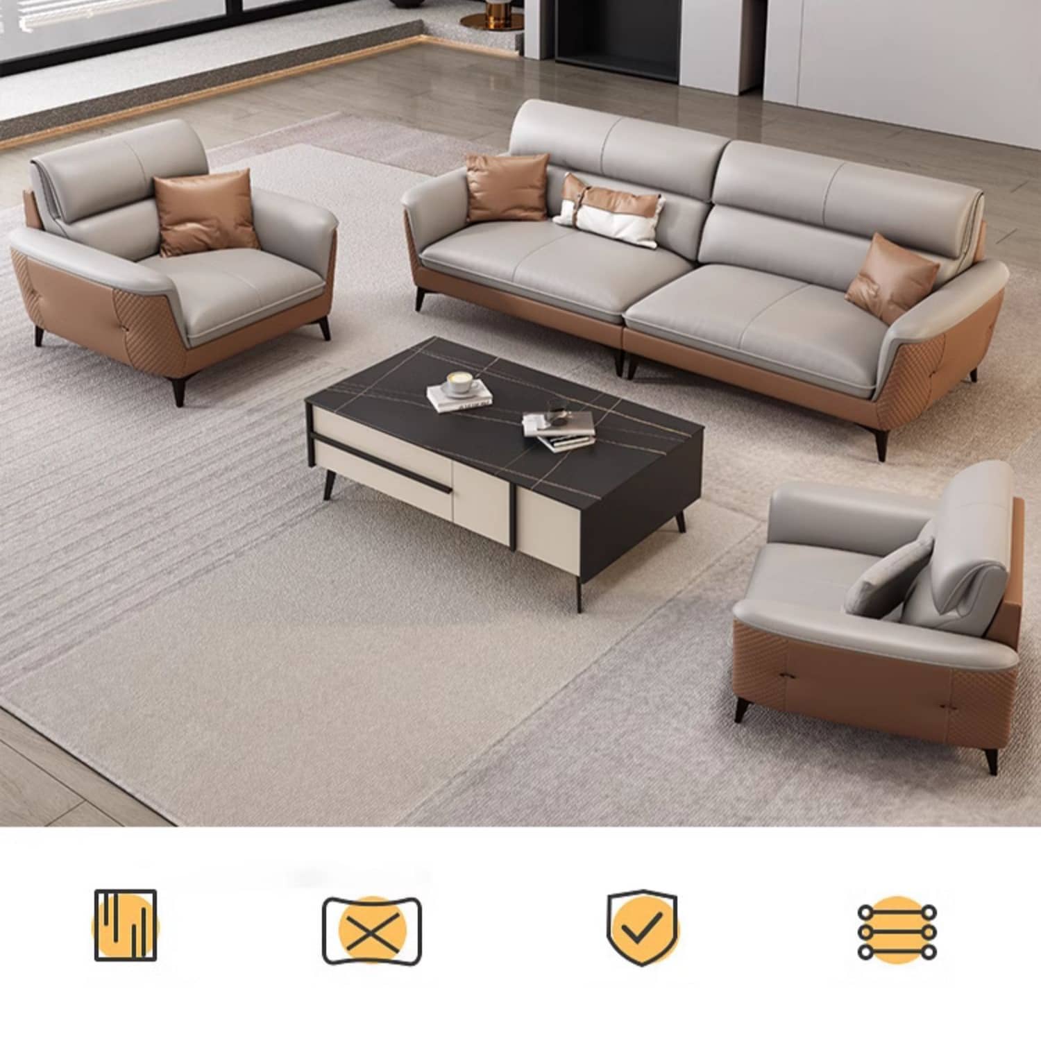 Modern Gray Faux Leather Sofa in Gray with Pine Wood Frame & Soft Cushions for Living Room hzh-1363