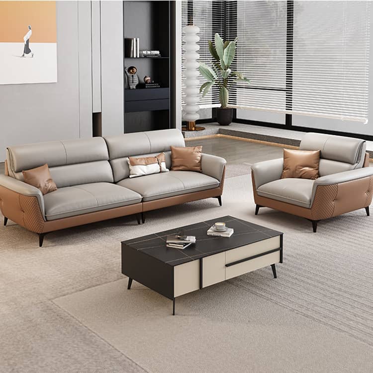 Modern Gray Faux Leather Sofa in Gray with Pine Wood Frame & Soft Cushions for Living Room hzh-1363