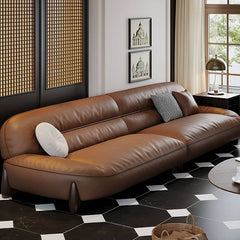 Luxurious Light Brown Leather Sofa with Pine Wood Frame & Goose Down Filling Cushions hzh-1364