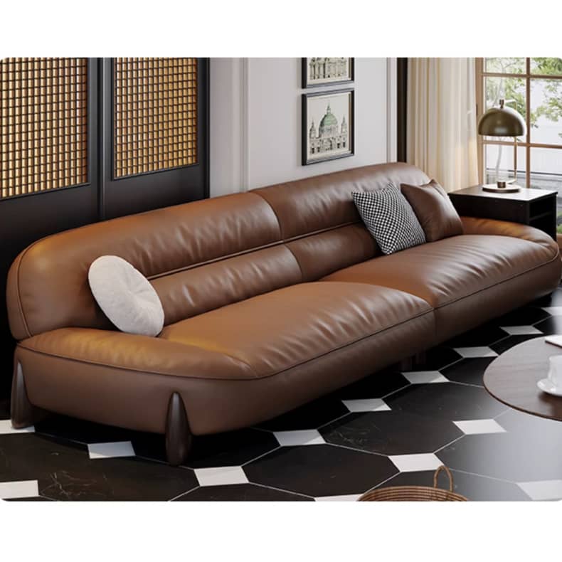 Luxurious Light Brown Leather Sofa with Pine Wood Frame & Goose Down Filling Cushions hzh-1364