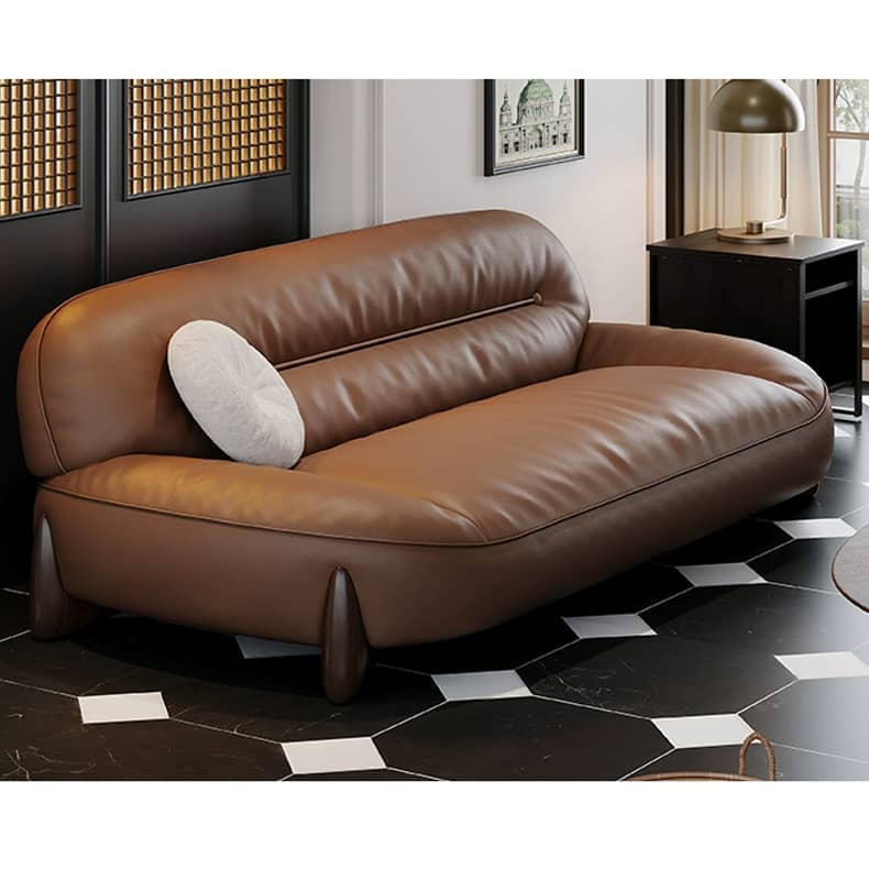 Luxurious Light Brown Leather Sofa with Pine Wood Frame & Goose Down Filling Cushions hzh-1364